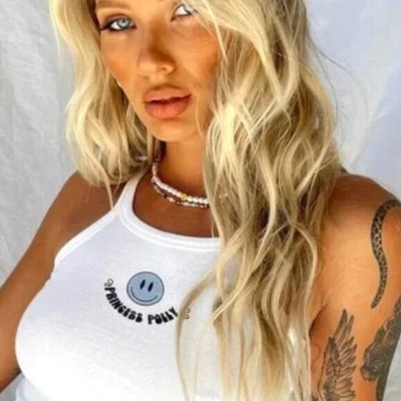 Princess Polly Organic Cotton Sasha Top Smiley Graphic Ribbed Crop Tank US 0 AU - Picture 1 of 7